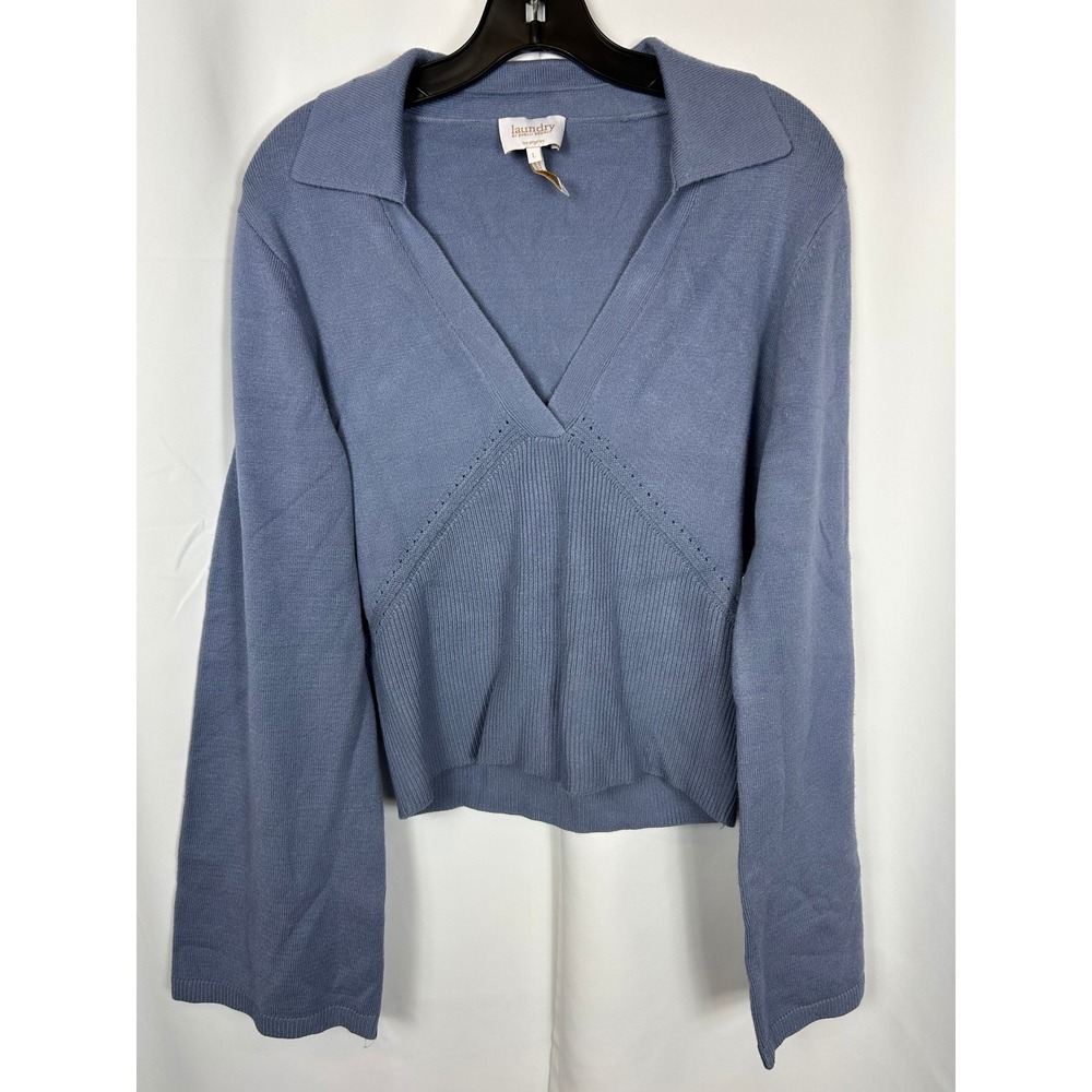 Bell Sleeve V neck Laundry by Shelli Segal Dusk Blue‎ Collared Pointelle Sweater